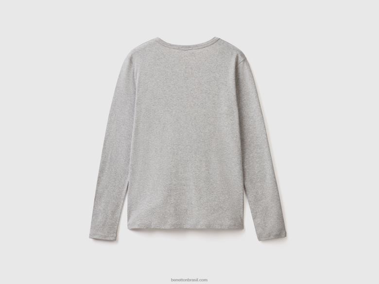 mulheres camiseta cinza manga longa 100% algodão Benetton R8L4P3907 cinza claro
