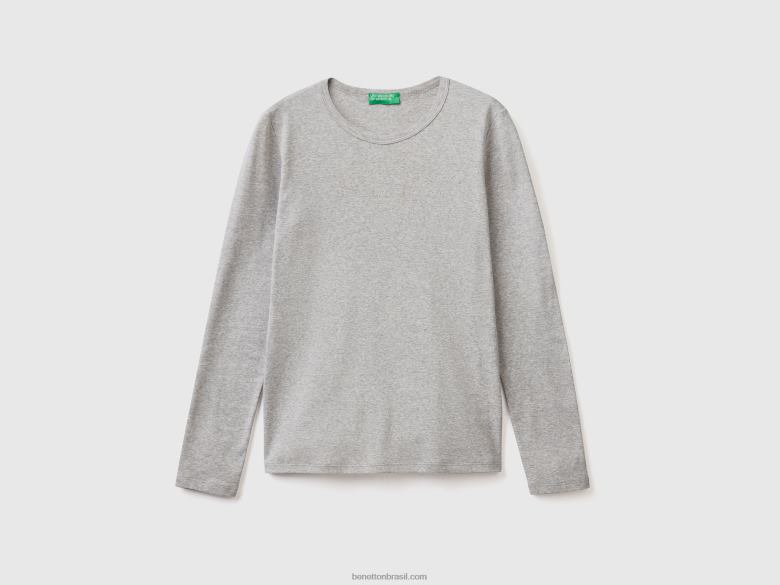 mulheres camiseta cinza manga longa 100% algodão Benetton R8L4P448 cinza claro