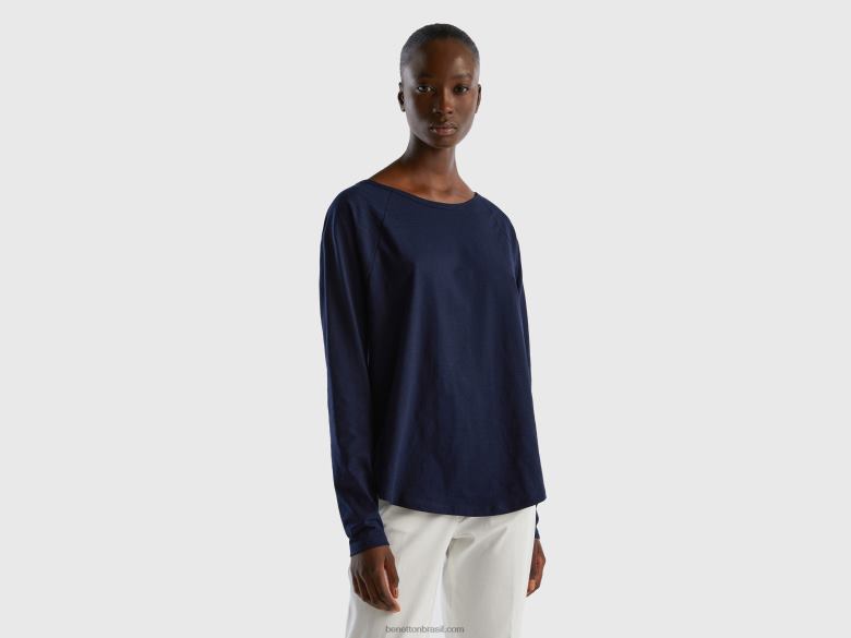 mulheres camiseta de manga longa puro algodão Benetton R8L4P319 azul escuro