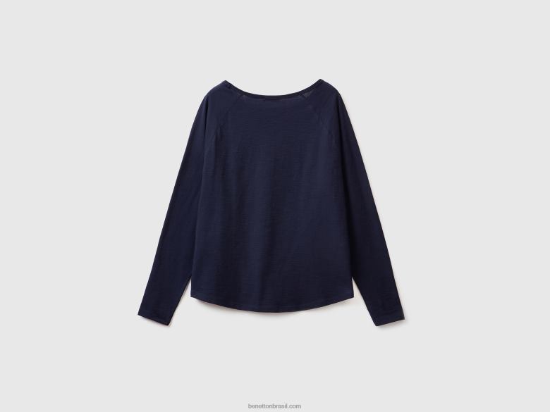 mulheres camiseta de manga longa puro algodão Benetton R8L4P319 azul escuro