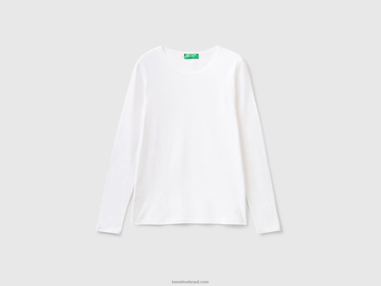 mulheres camiseta de manga longa puro algodão Benetton R8L4P441 branco