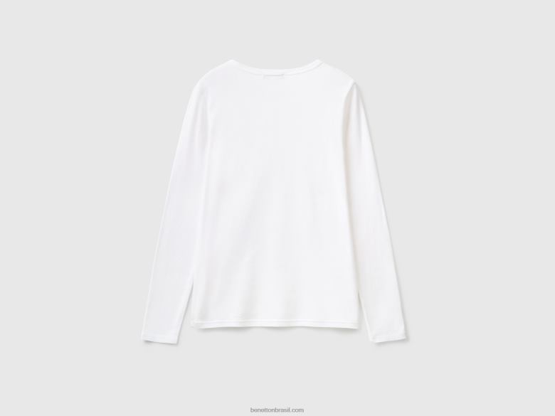 mulheres camiseta de manga longa puro algodão Benetton R8L4P441 branco