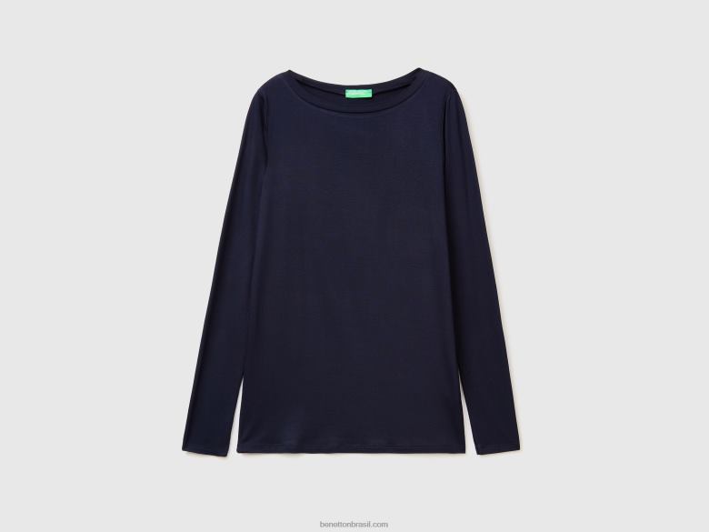 mulheres camiseta em viscose stretch sustentável Benetton R8L4P371 azul escuro