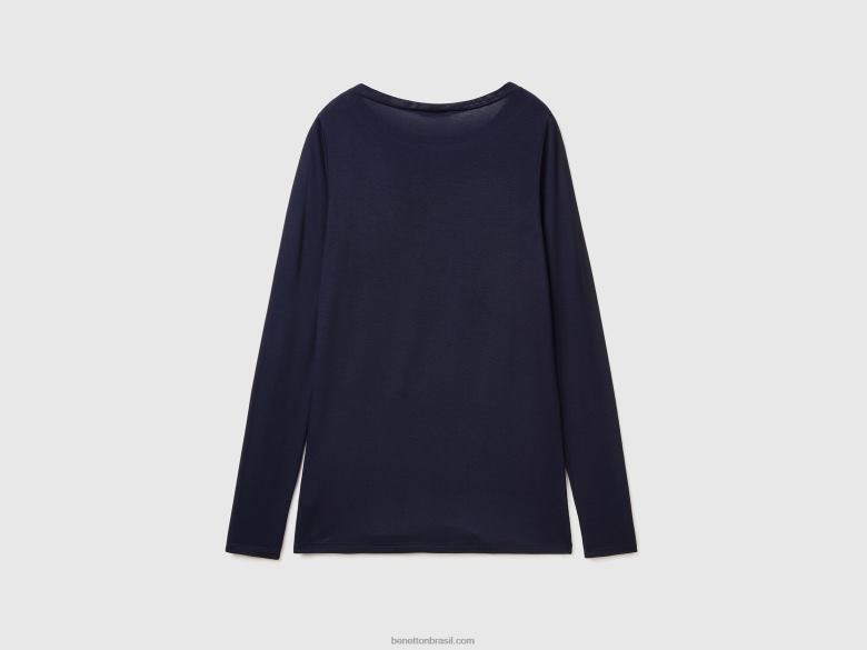 mulheres camiseta em viscose stretch sustentável Benetton R8L4P371 azul escuro