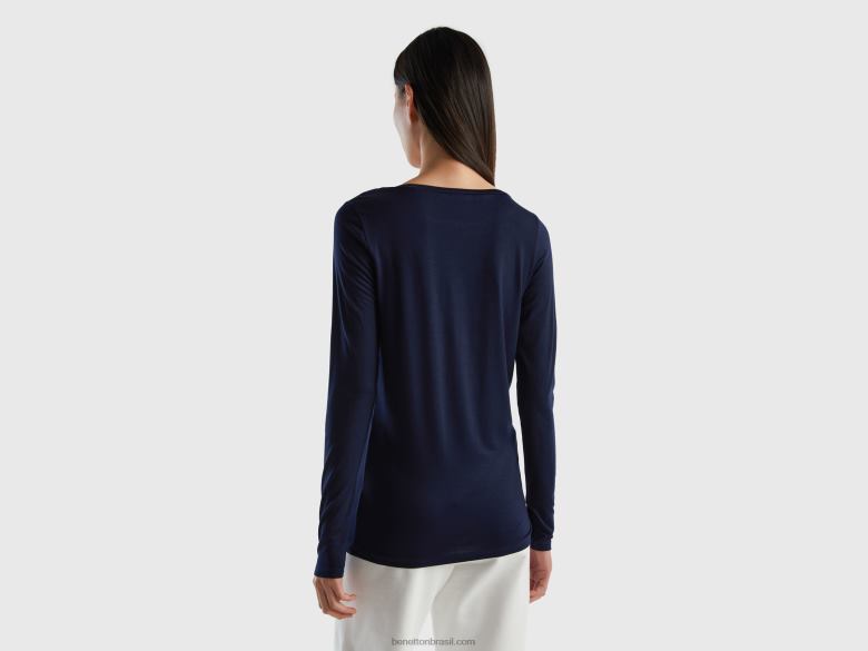 mulheres camiseta em viscose stretch sustentável Benetton R8L4P3845 azul escuro