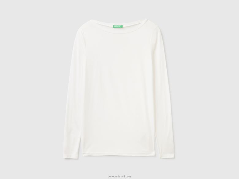 mulheres camiseta em viscose stretch sustentável Benetton R8L4P3884 branco cremoso