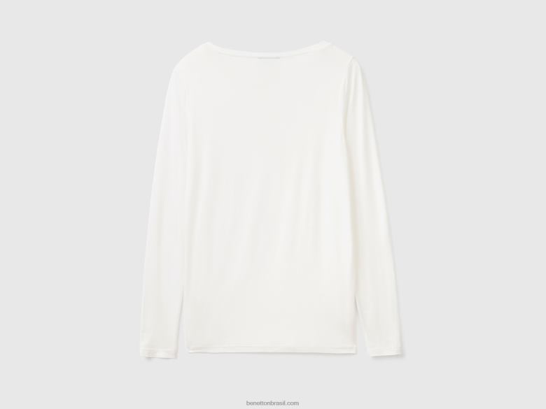 mulheres camiseta em viscose stretch sustentável Benetton R8L4P3884 branco cremoso