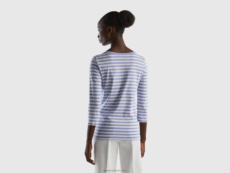 mulheres camiseta manga 3/4 listrada 100% algodão Benetton R8L4P307 lilás