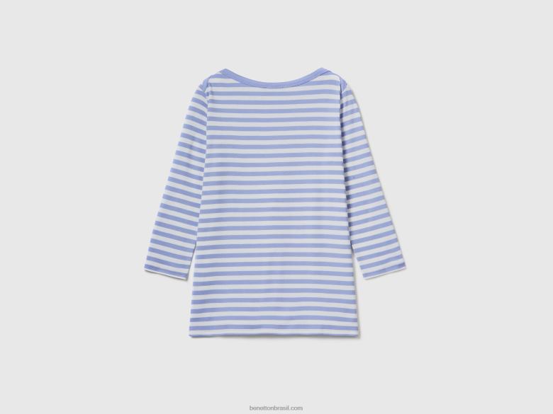 mulheres camiseta manga 3/4 listrada 100% algodão Benetton R8L4P307 lilás