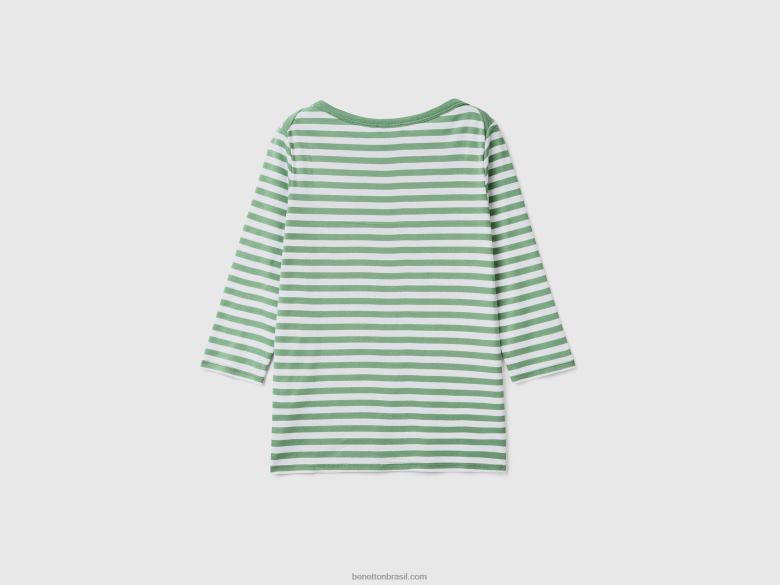 mulheres camiseta manga 3/4 listrada 100% algodão Benetton R8L4P344 verde