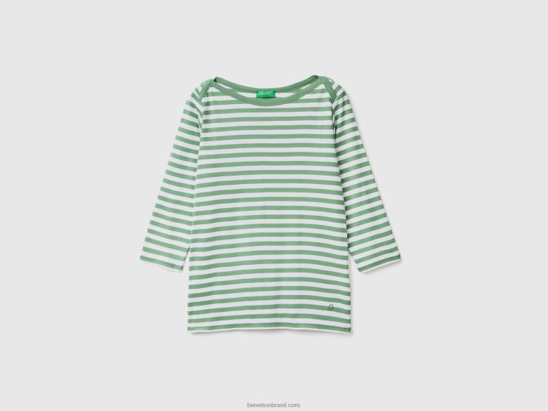 mulheres camiseta manga 3/4 listrada 100% algodão Benetton R8L4P3837 verde