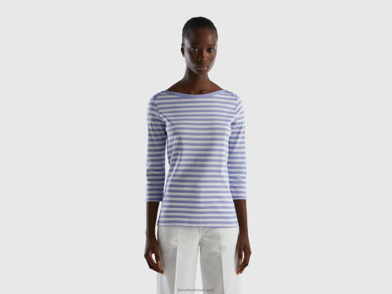 mulheres camiseta manga 3/4 listrada 100% algodão Benetton R8L4P3849 lilás