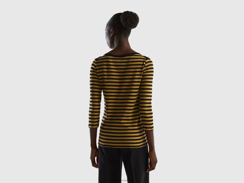 mulheres camiseta manga 3/4 listrada 100% algodão Benetton R8L4P3889 mostarda