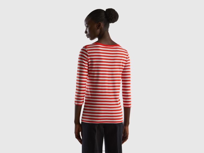 mulheres camiseta manga 3/4 listrada 100% algodão Benetton R8L4P3892 vermelho