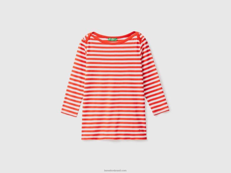 mulheres camiseta manga 3/4 listrada 100% algodão Benetton R8L4P3892 vermelho