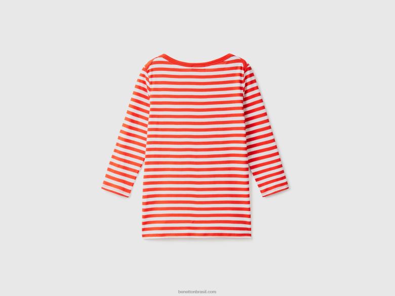 mulheres camiseta manga 3/4 listrada 100% algodão Benetton R8L4P3892 vermelho