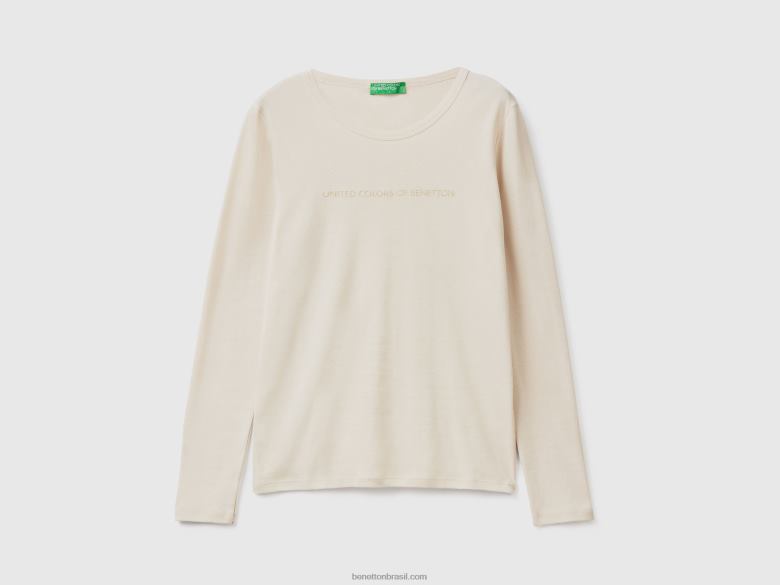 mulheres t-shirt bege manga comprida em 100% algodão Benetton R8L4P3888 bege
