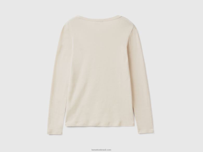 mulheres t-shirt bege manga comprida em 100% algodão Benetton R8L4P3888 bege