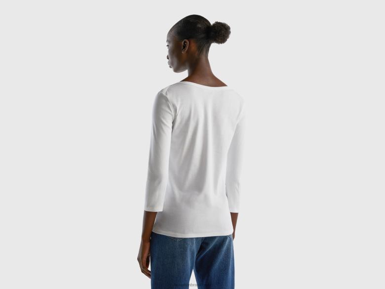 mulheres t-shirt com gola canoa em 100% algodão Benetton R8L4P436 branco