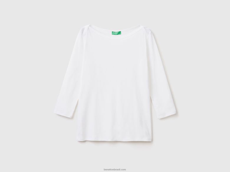 mulheres t-shirt com gola canoa em 100% algodão Benetton R8L4P436 branco