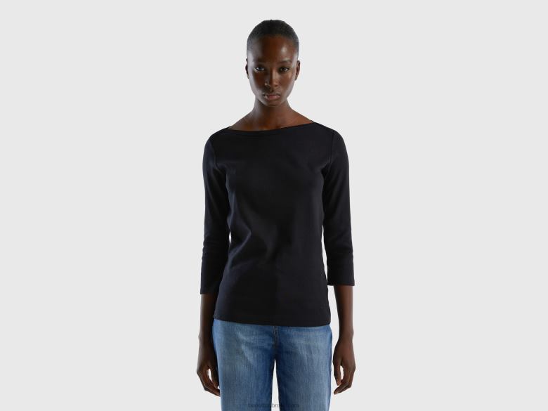 mulheres t-shirt com gola canoa em 100% algodão Benetton R8L4P466 preto