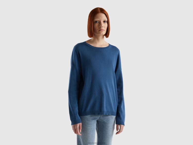 mulheres camisola de algodão com gola redonda Benetton R8L4P162 azul