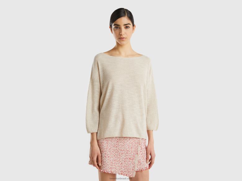 mulheres camisola em mistura de linho com mangas 3/4 Benetton R8L4P3511 branco cremoso