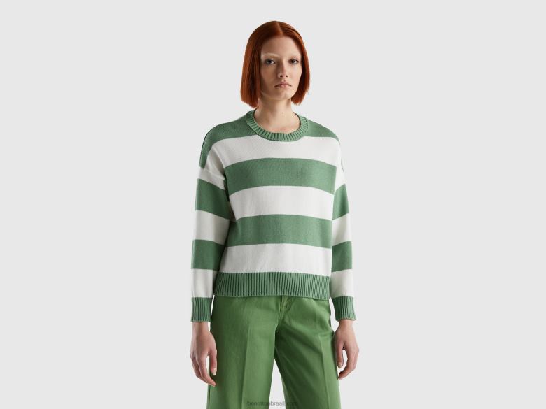 mulheres camisola às riscas em tricô de algodão Benetton R8L4P3482 verde
