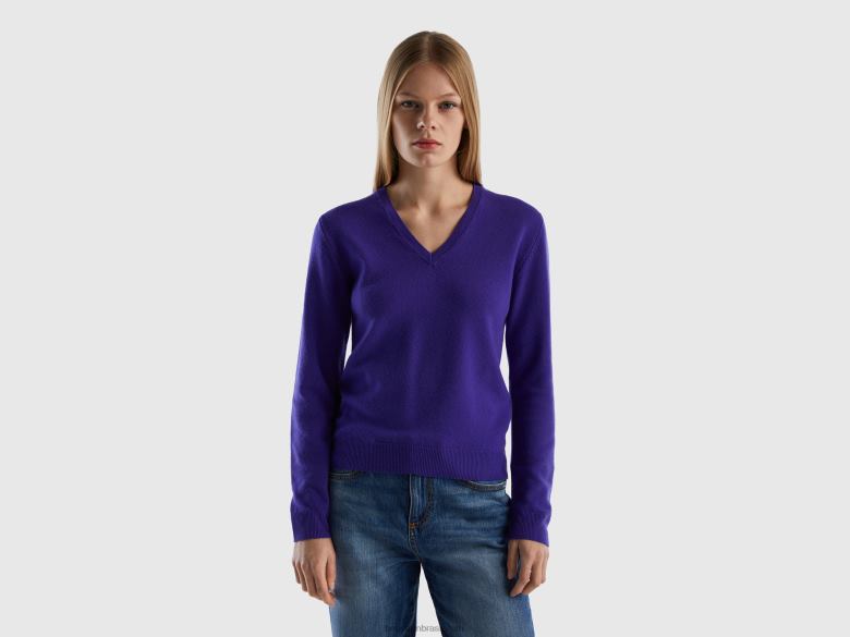 mulheres suéter azul profundo com decote em V em pura lã merino Benetton R8L4P3677 azul