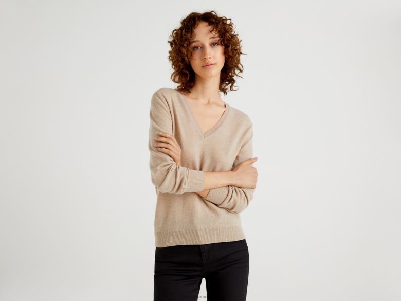mulheres suéter bege com decote em V em pura lã merino Benetton R8L4P180 bege