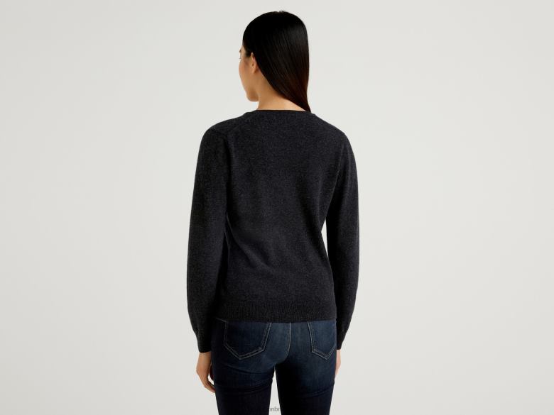 mulheres suéter cinza carvão com decote em V em pura lã merino Benetton R8L4P168 cinza escuro
