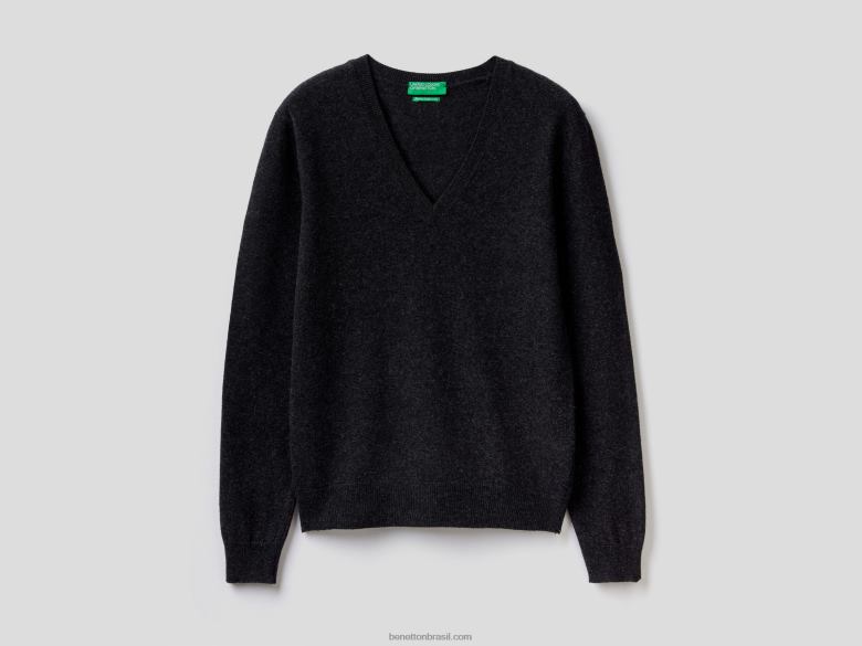 mulheres suéter cinza carvão com decote em V em pura lã merino Benetton R8L4P168 cinza escuro