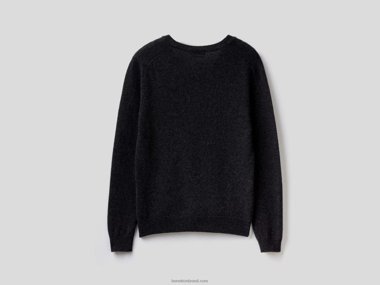 mulheres suéter cinza carvão com decote em V em pura lã merino Benetton R8L4P168 cinza escuro