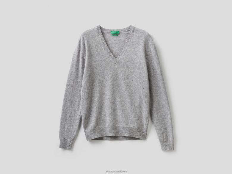 mulheres suéter cinza claro com decote em V em pura lã merino Benetton R8L4P3631 cinza claro