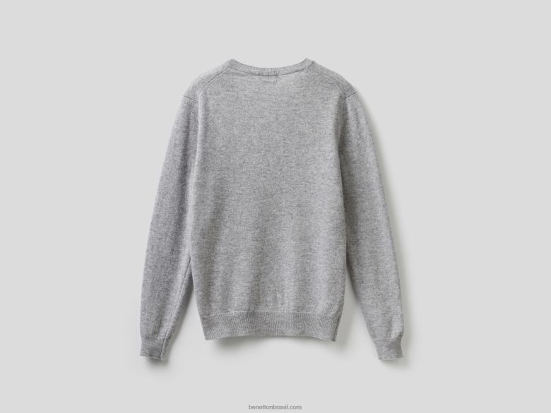 mulheres suéter cinza claro com decote em V em pura lã merino Benetton R8L4P3631 cinza claro