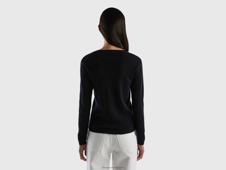 mulheres suéter com decote em V em puro algodão Benetton R8L4P215 preto