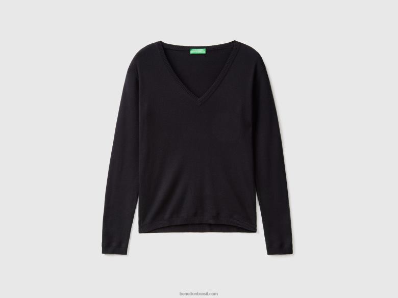 mulheres suéter com decote em V em puro algodão Benetton R8L4P215 preto