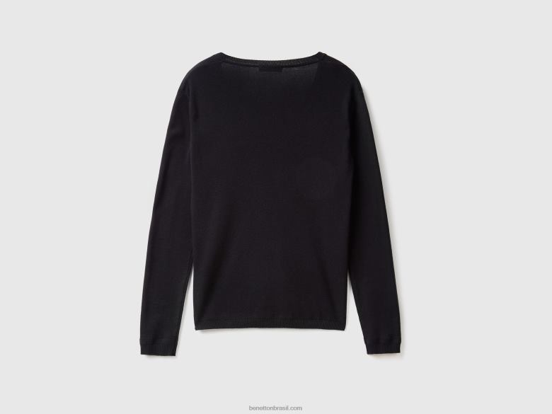 mulheres suéter com decote em V em puro algodão Benetton R8L4P215 preto