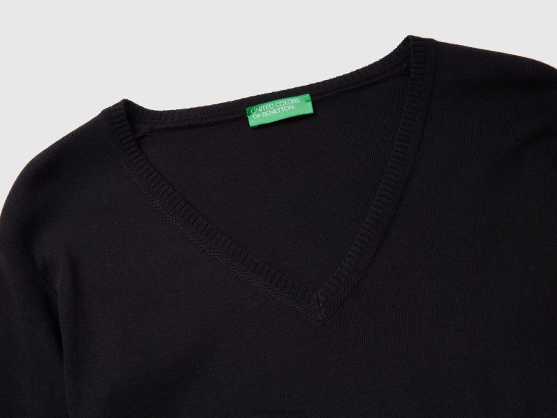 mulheres suéter com decote em V em puro algodão Benetton R8L4P215 preto