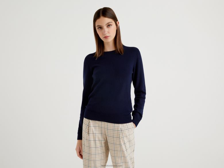 mulheres suéter decote careca azul escuro em lã merino Benetton R8L4P171 azul escuro
