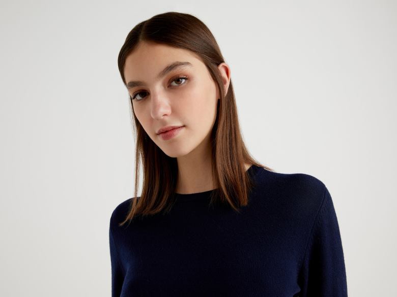 mulheres suéter decote careca azul escuro em lã merino Benetton R8L4P171 azul escuro