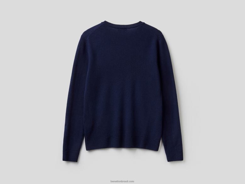 mulheres suéter decote careca azul escuro em lã merino Benetton R8L4P171 azul escuro