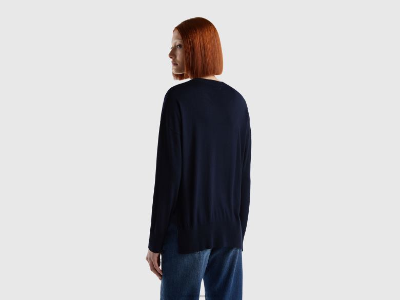 mulheres suéter em mistura de viscose com fendas Benetton R8L4P3566 azul escuro