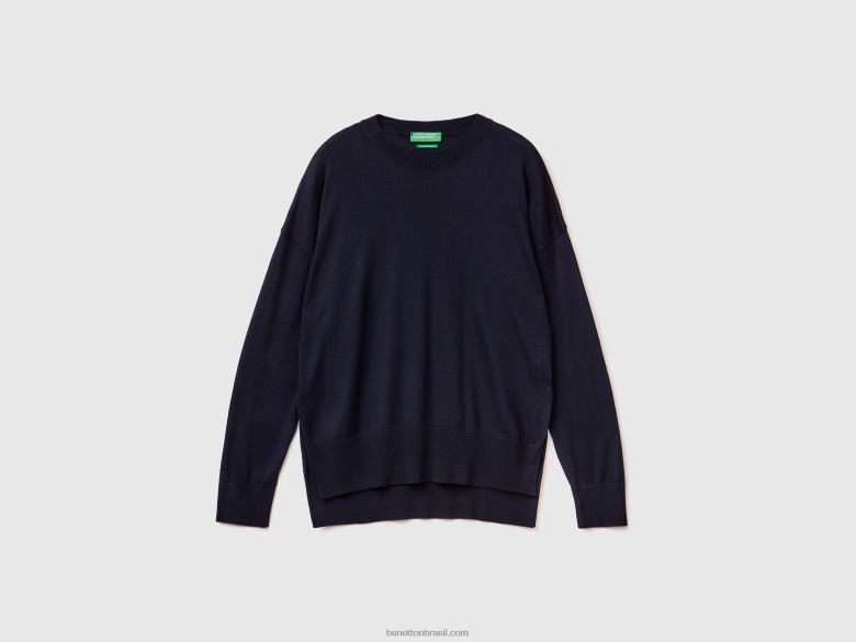 mulheres suéter em mistura de viscose com fendas Benetton R8L4P3566 azul escuro