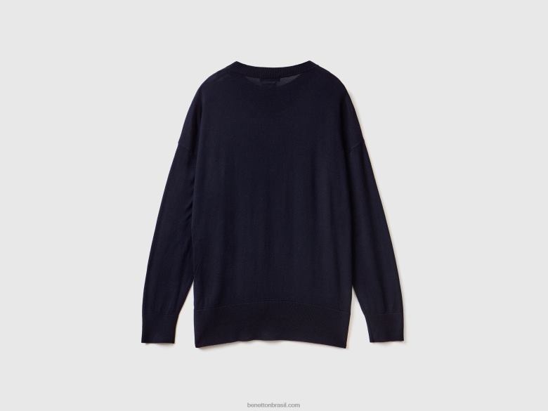 mulheres suéter em mistura de viscose com fendas Benetton R8L4P3566 azul escuro