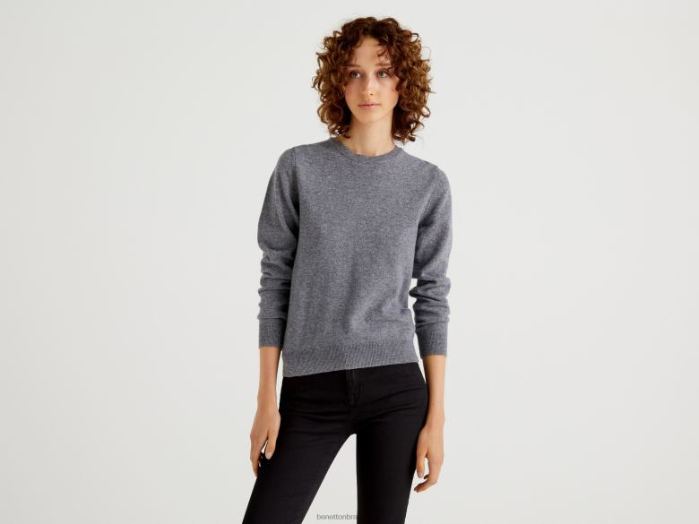mulheres suéter gola careca cinza em lã merino Benetton R8L4P190 cinza