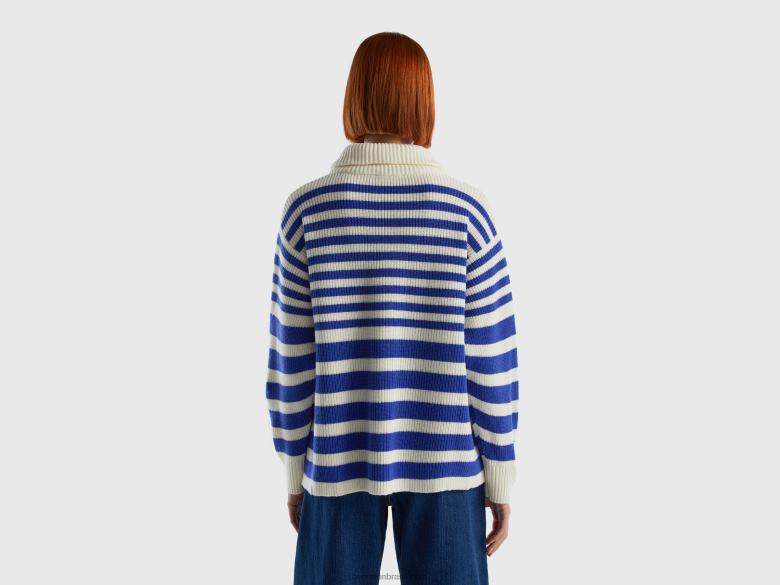 mulheres suéter listrado gola alta Benetton R8L4P135 azul claro