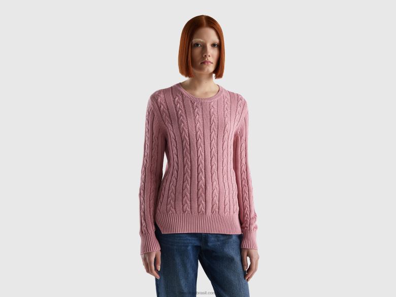 mulheres suéter tricot 100% algodão Benetton R8L4P3549 rosa
