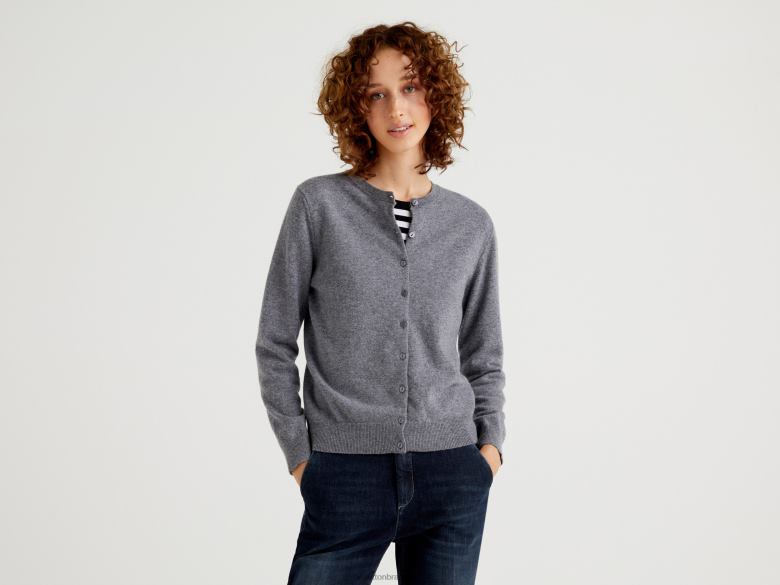 mulheres cardigã cinza de gola redonda em pura lã merino Benetton R8L4P3623 cinza