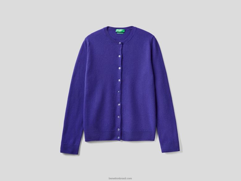 mulheres cardigã de gola redonda azul profundo em pura lã merino Benetton R8L4P158 azul